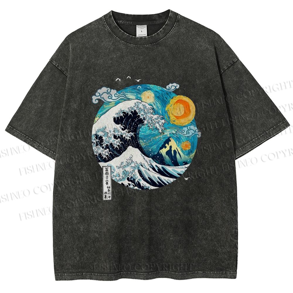 Unisex Van Gogh Style Sea Wave Vintage Printed Washed Tee