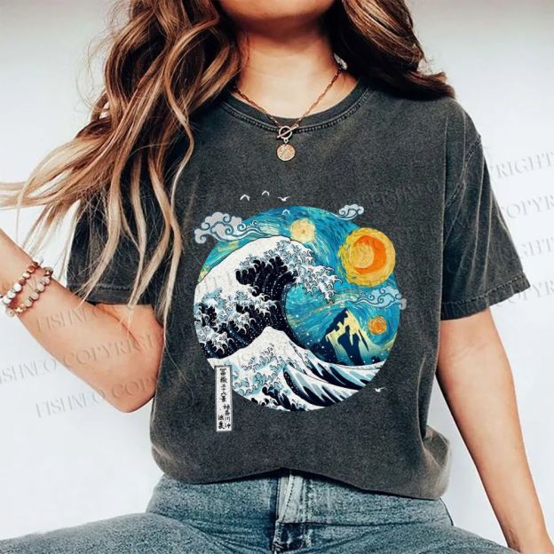 Unisex Van Gogh Style Sea Wave Vintage Printed Washed Tee