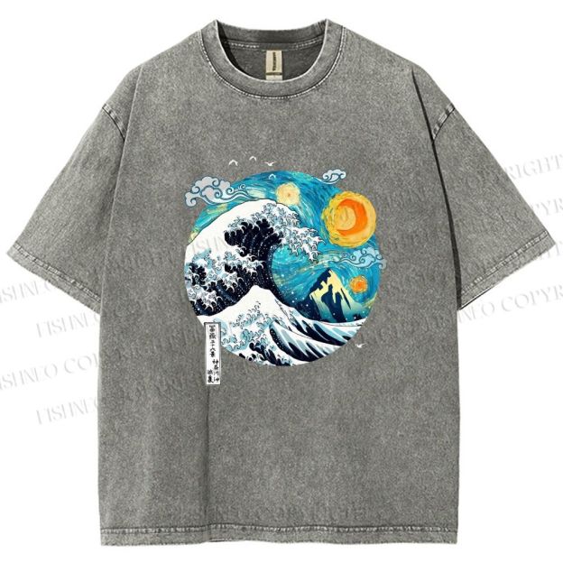 Unisex Van Gogh Style Sea Wave Vintage Printed Washed Tee
