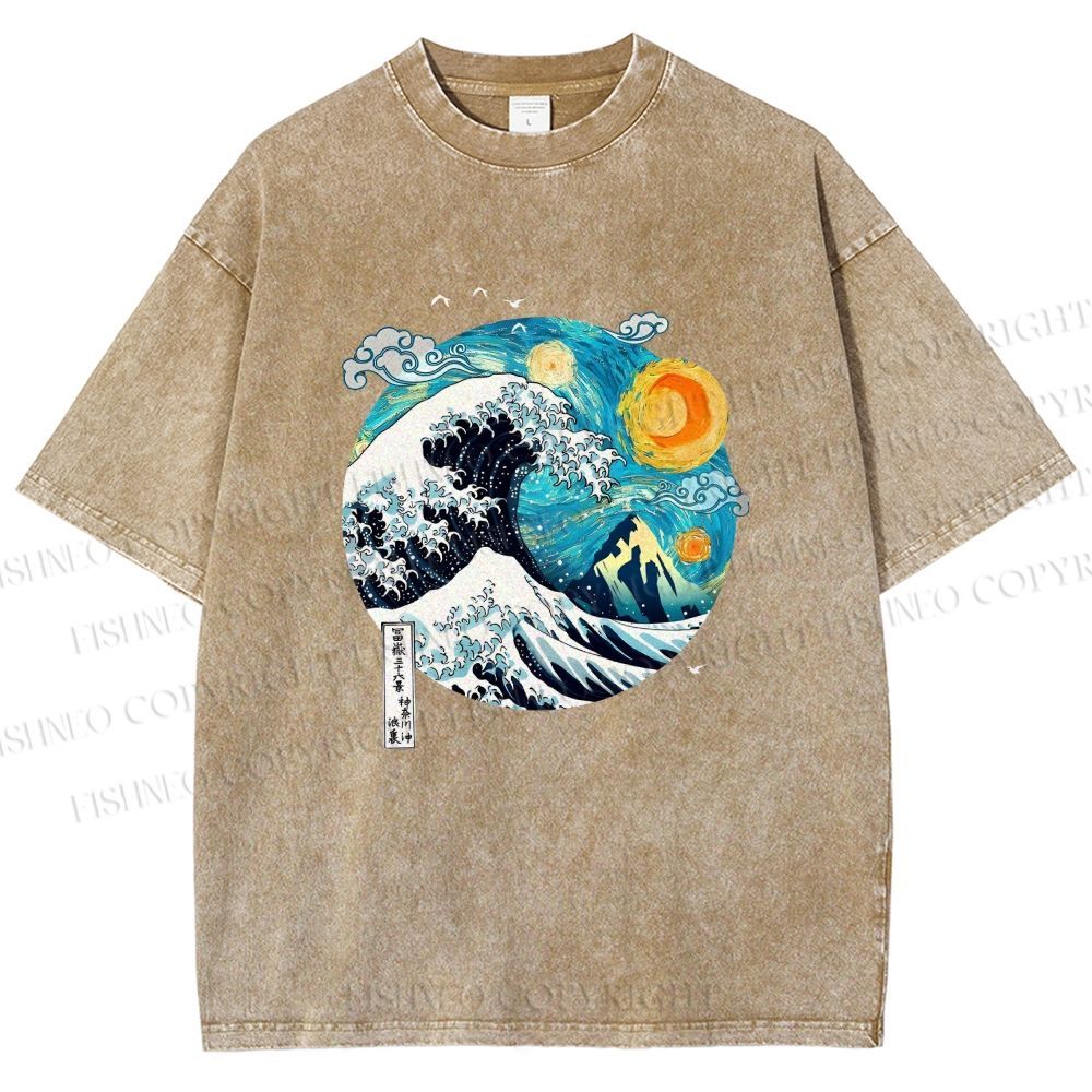 Unisex Van Gogh Style Sea Wave Vintage Printed Washed Tee