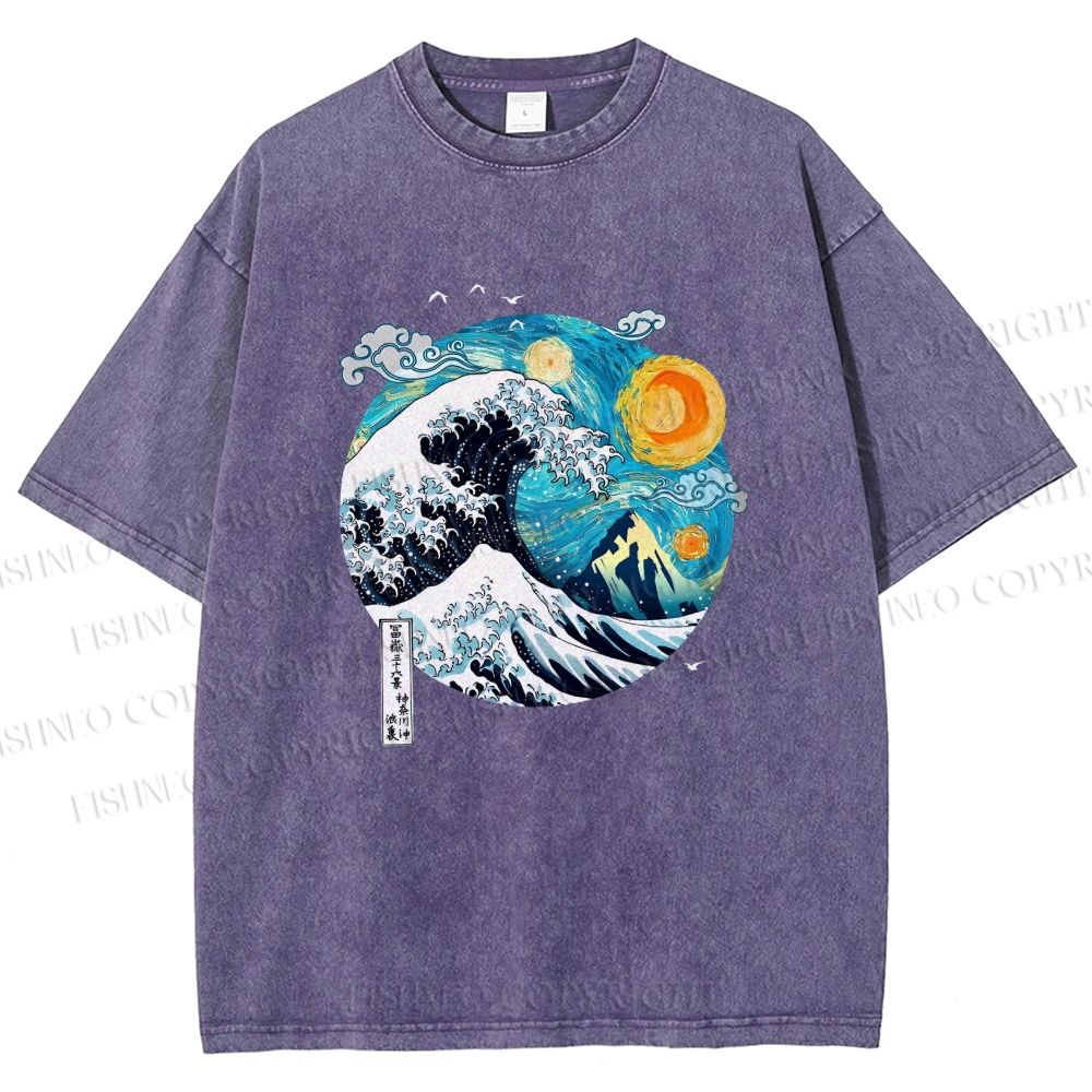 Unisex Van Gogh Style Sea Wave Vintage Printed Washed Tee