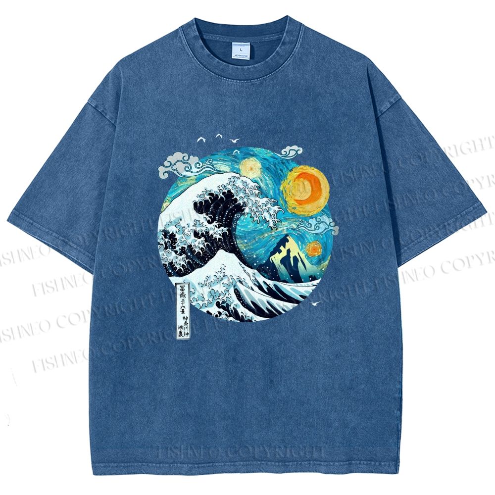 Unisex Van Gogh Style Sea Wave Vintage Printed Washed Tee