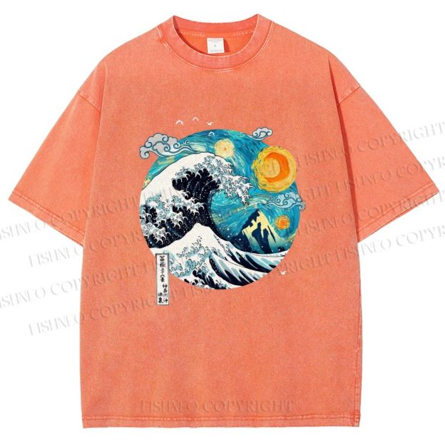 Unisex Van Gogh Style Sea Wave Vintage Printed Washed Tee