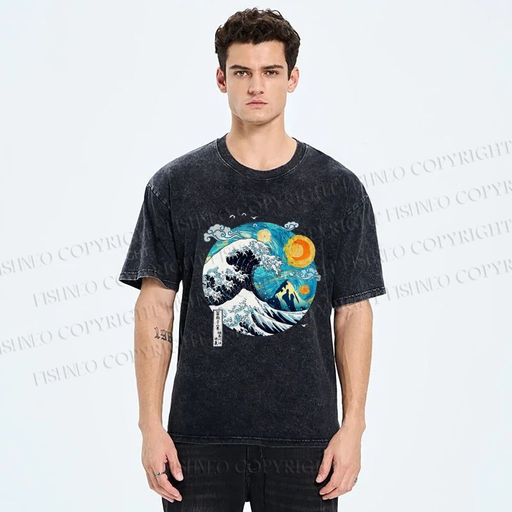 Unisex Van Gogh Style Sea Wave Vintage Printed Washed Tee