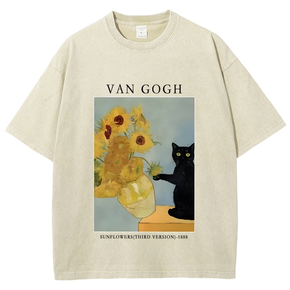 Black Cat With Sunflowers Washed T-Shirt