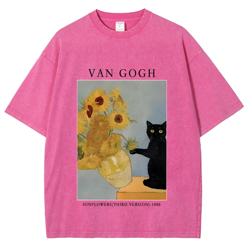 Black Cat With Sunflowers Washed T-Shirt