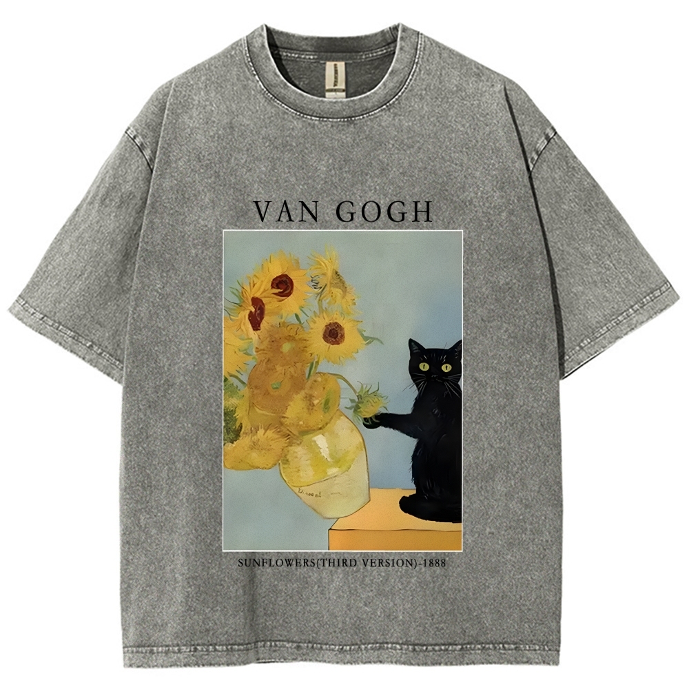 Black Cat With Sunflowers Washed T-Shirt