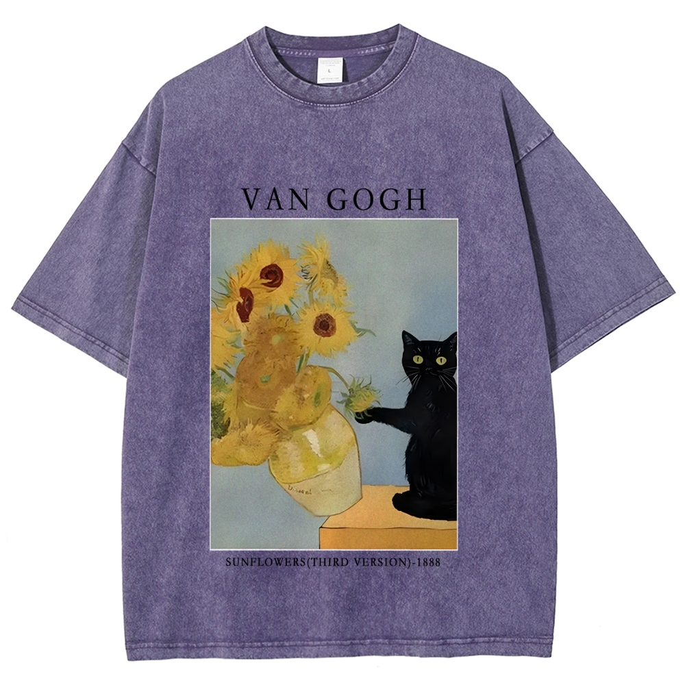 Black Cat With Sunflowers Washed T-Shirt