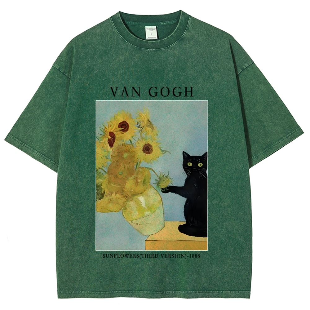 Black Cat With Sunflowers Washed T-Shirt