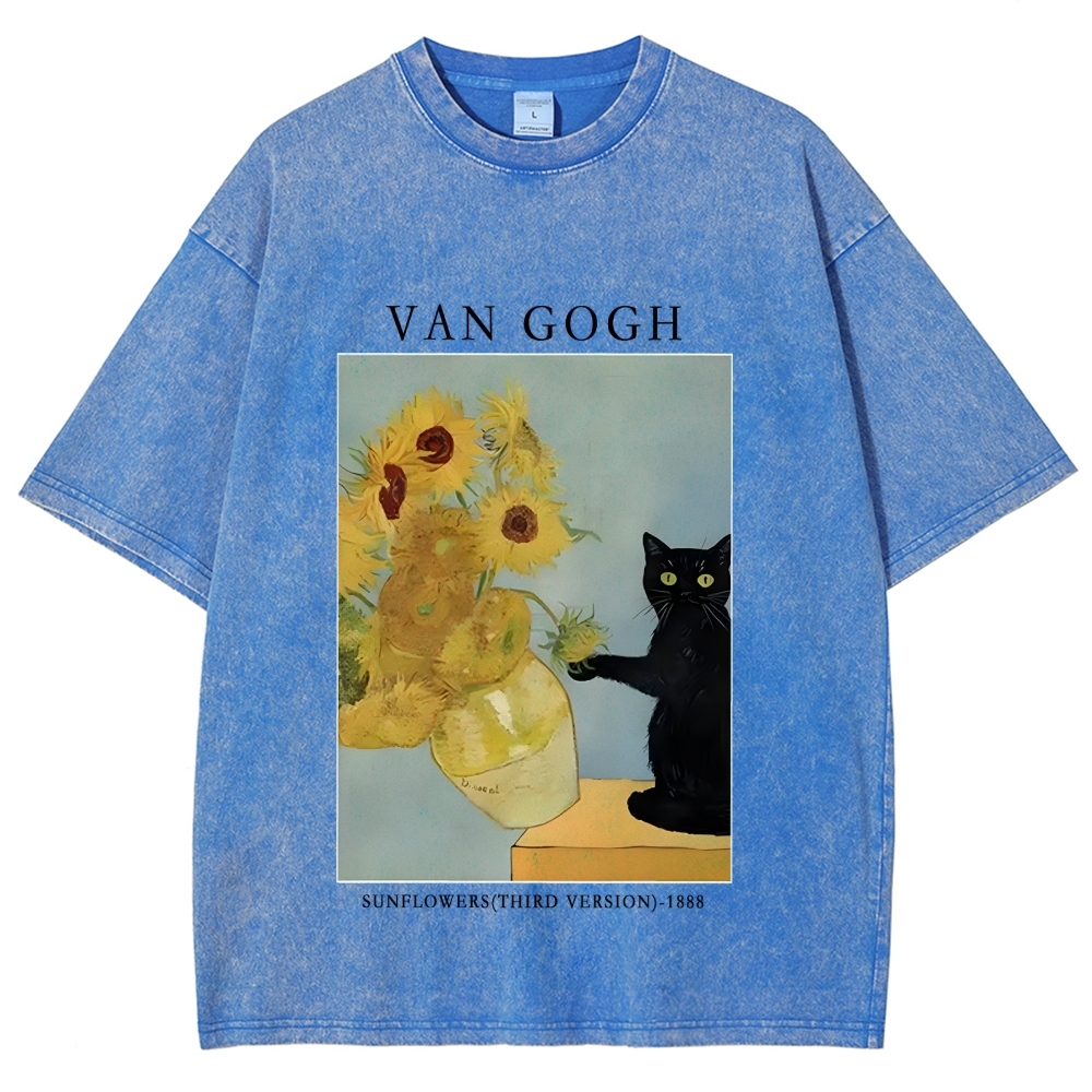 Black Cat With Sunflowers Washed T-Shirt