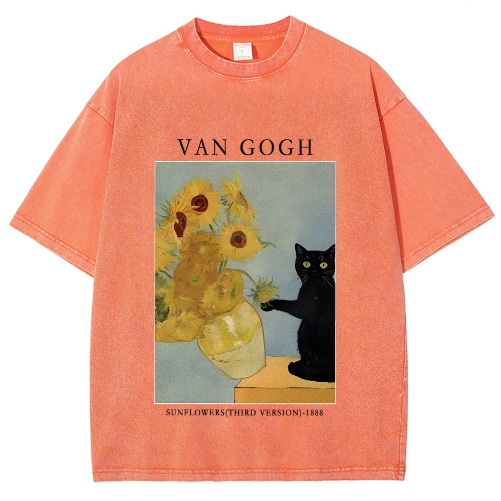 Black Cat With Sunflowers Washed T-Shirt