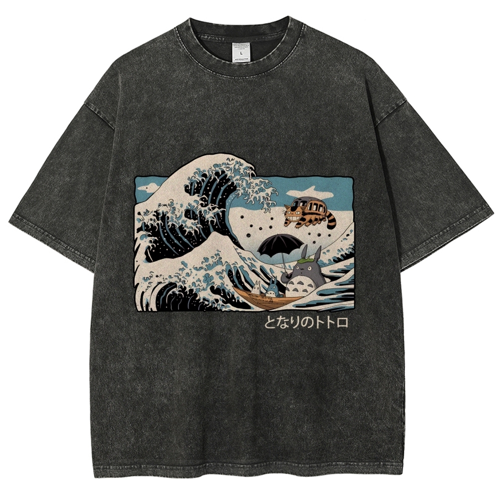 Ghibli Totoro Cat Anime Ukiyoe Wave Vintage Wash Japanese Design T-Shirt