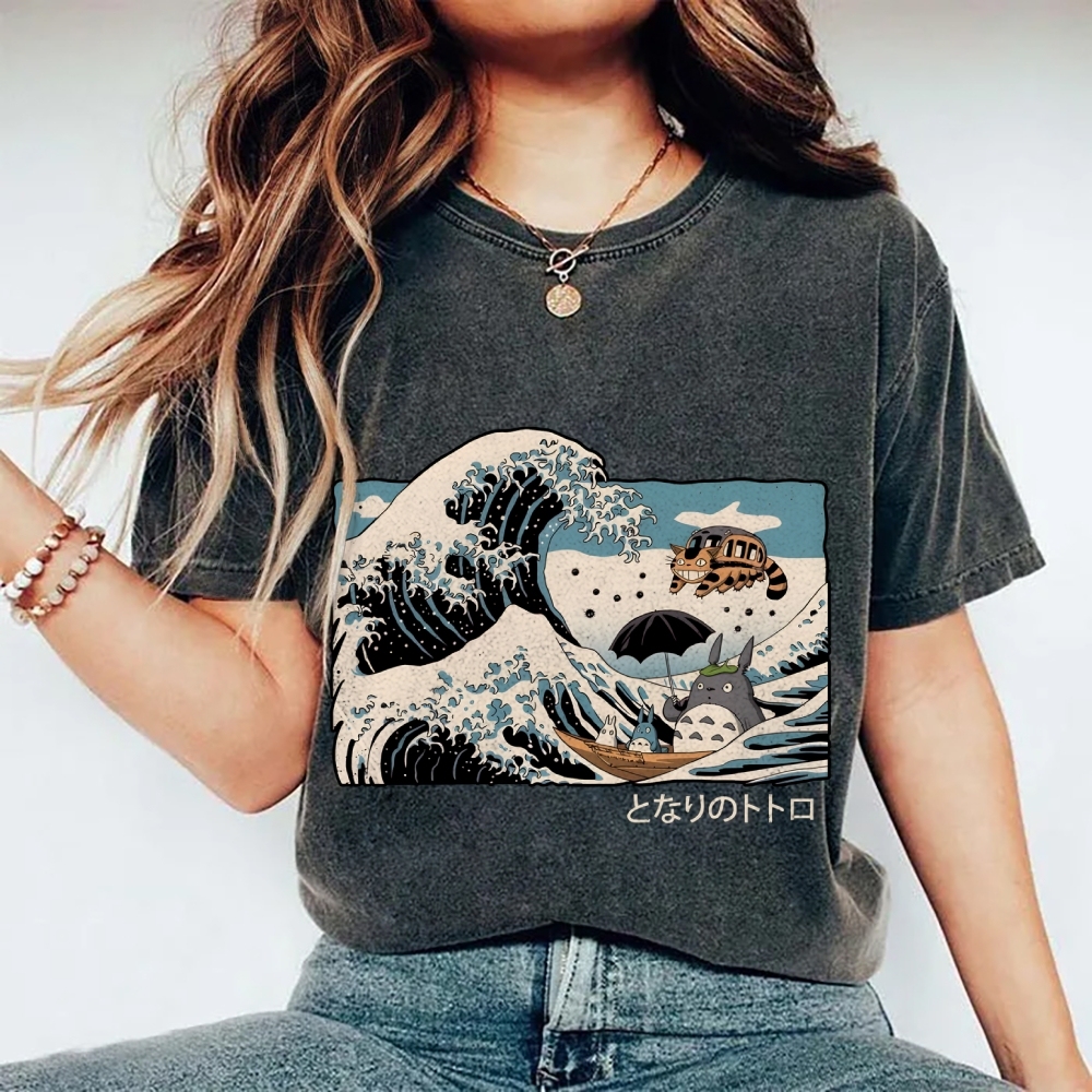 Ghibli Totoro Cat Anime Ukiyoe Wave Vintage Wash Japanese Design T-Shirt