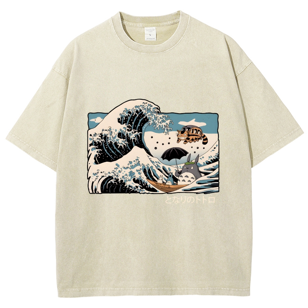 Ghibli Totoro Cat Anime Ukiyoe Wave Vintage Wash Japanese Design T-Shirt