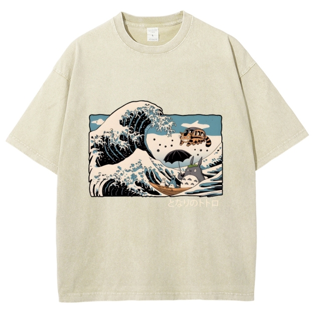 Ghibli Totoro Cat Anime Ukiyoe Wave Vintage Wash Japanese Design T-Shirt
