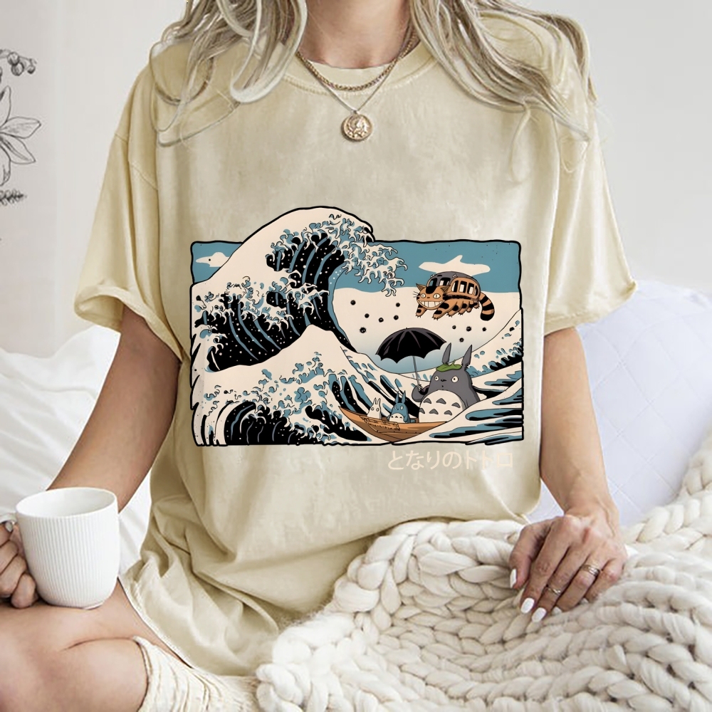 Ghibli Totoro Cat Anime Ukiyoe Wave Vintage Wash Japanese Design T-Shirt