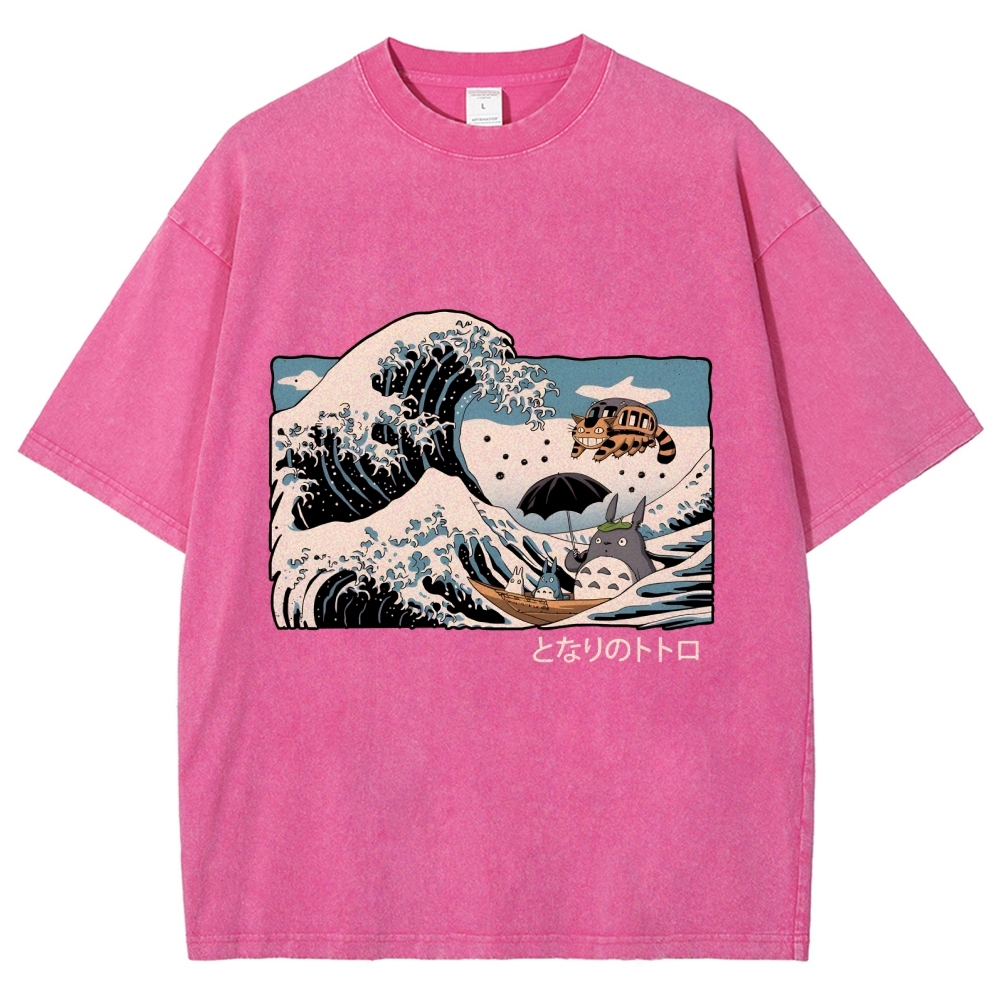 Ghibli Totoro Cat Anime Ukiyoe Wave Vintage Wash Japanese Design T-Shirt