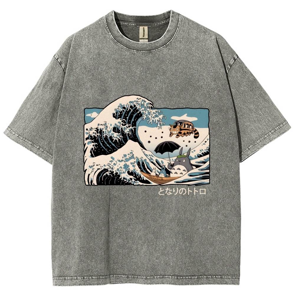 Ghibli Totoro Cat Anime Ukiyoe Wave Vintage Wash Japanese Design T-Shirt