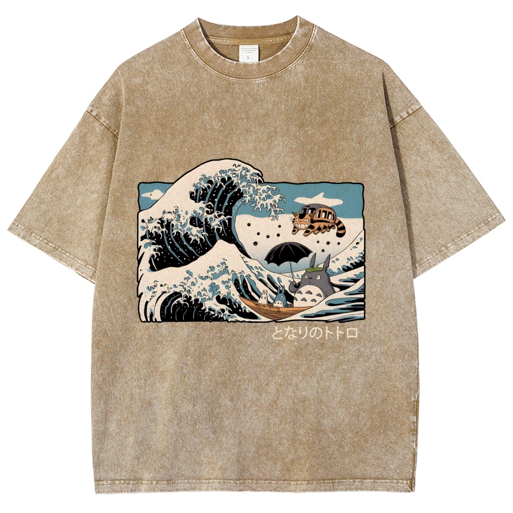 Ghibli Totoro Cat Anime Ukiyoe Wave Vintage Wash Japanese Design T-Shirt