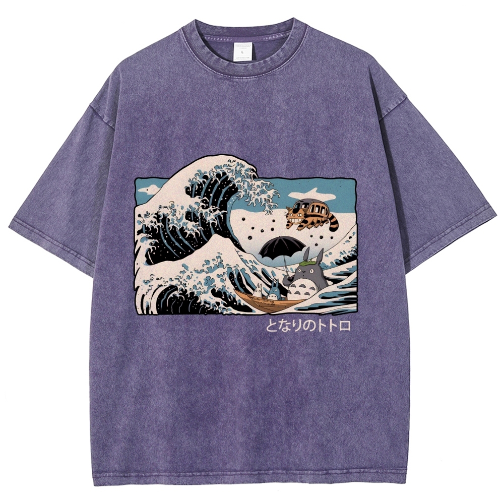 Ghibli Totoro Cat Anime Ukiyoe Wave Vintage Wash Japanese Design T-Shirt