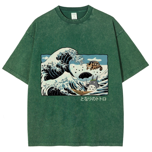 Ghibli Totoro Cat Anime Ukiyoe Wave Vintage Wash Japanese Design T-Shirt