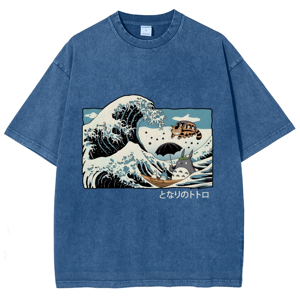 Ghibli Totoro Cat Anime Ukiyoe Wave Vintage Wash Japanese Design T-Shirt