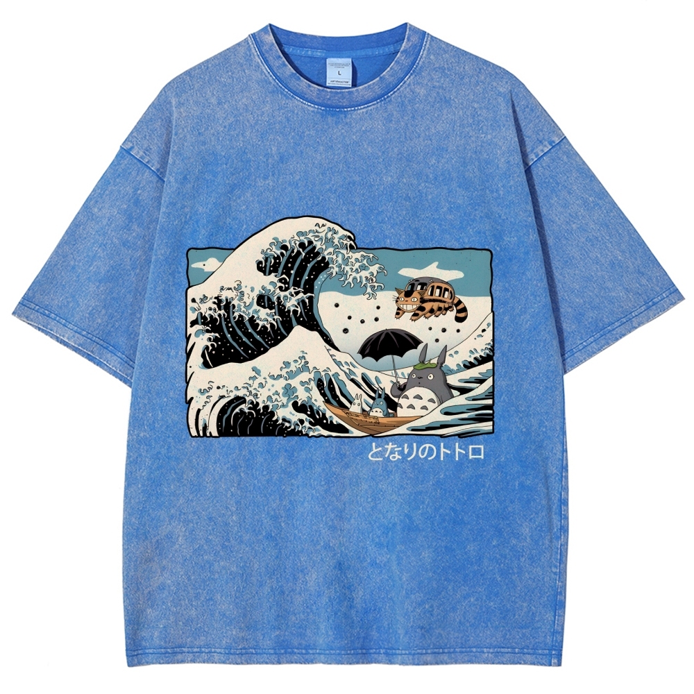 Ghibli Totoro Cat Anime Ukiyoe Wave Vintage Wash Japanese Design T-Shirt
