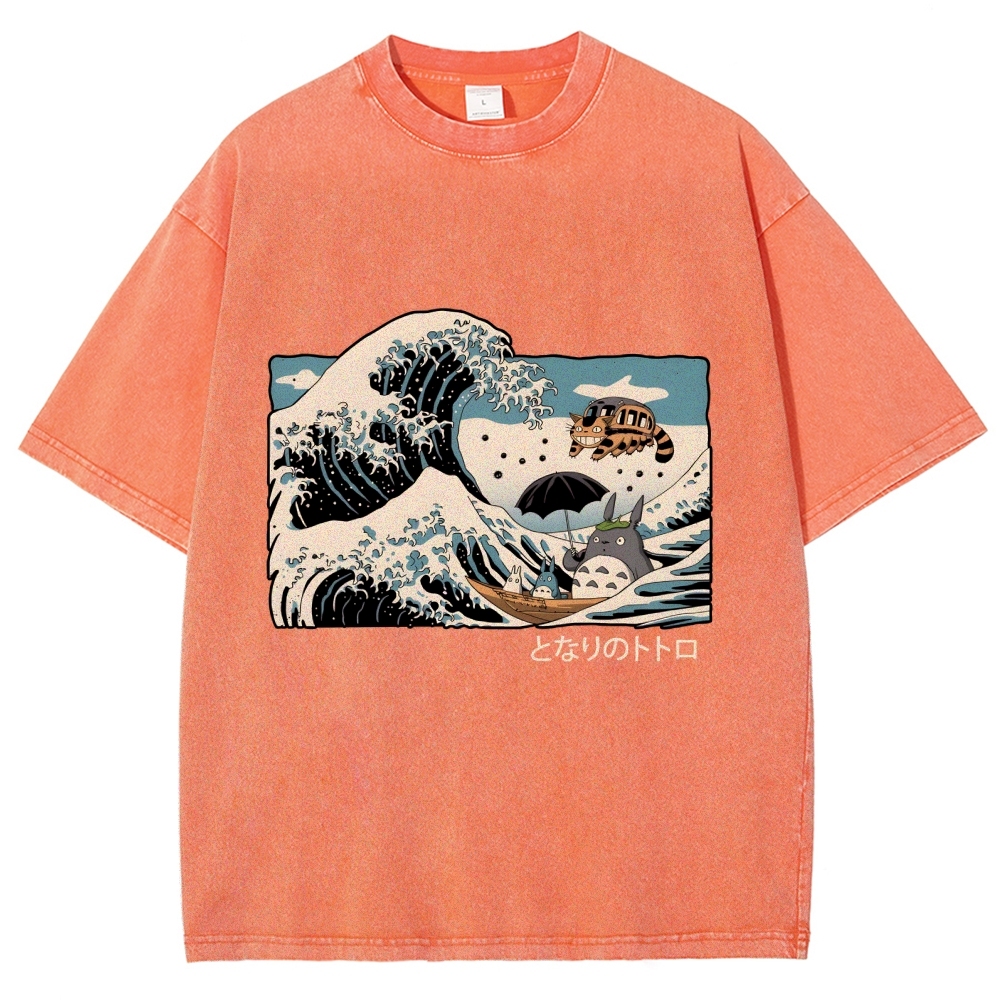 Ghibli Totoro Cat Anime Ukiyoe Wave Vintage Wash Japanese Design T-Shirt
