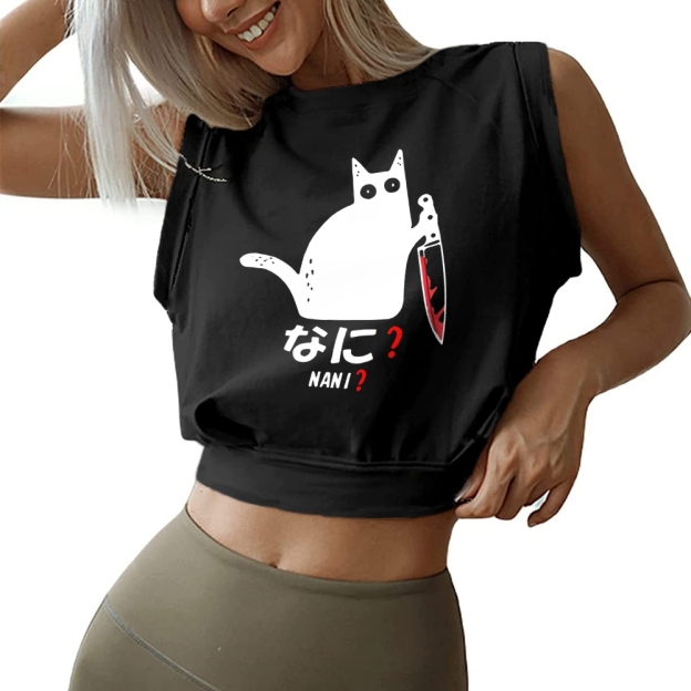  A Puzzled Cat Holding A Knife Sleeveless Crop Top