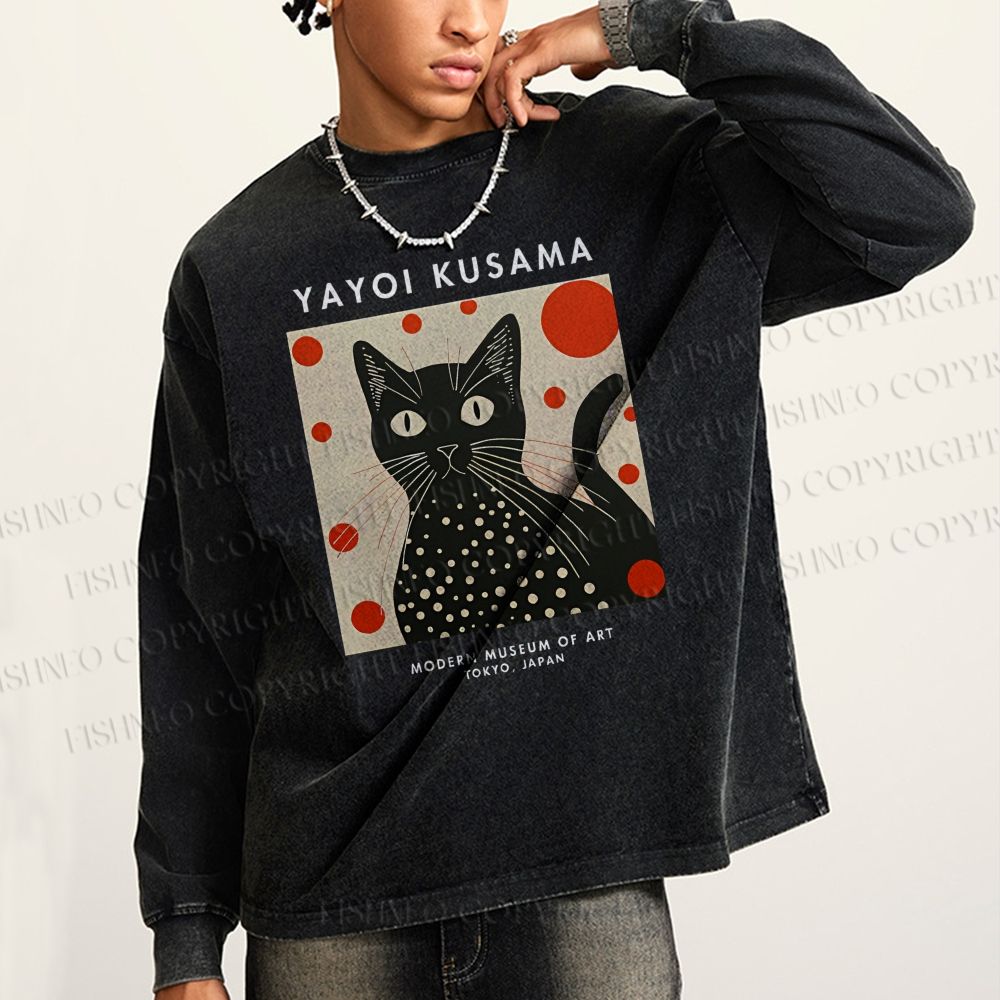 Unisex Casual Washed Yayoi Kusama Cat Printed Long Sleeve T-shirt