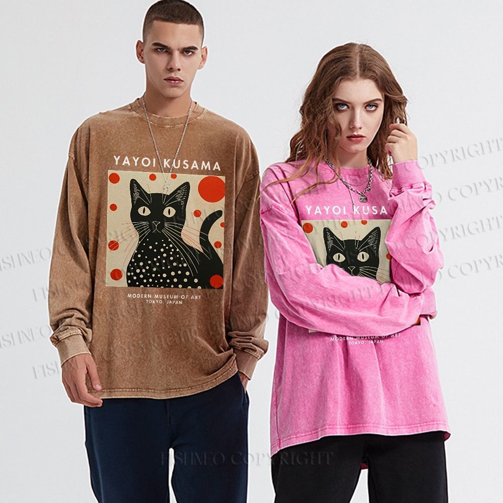 Unisex Casual Washed Yayoi Kusama Cat Printed Long Sleeve T-shirt
