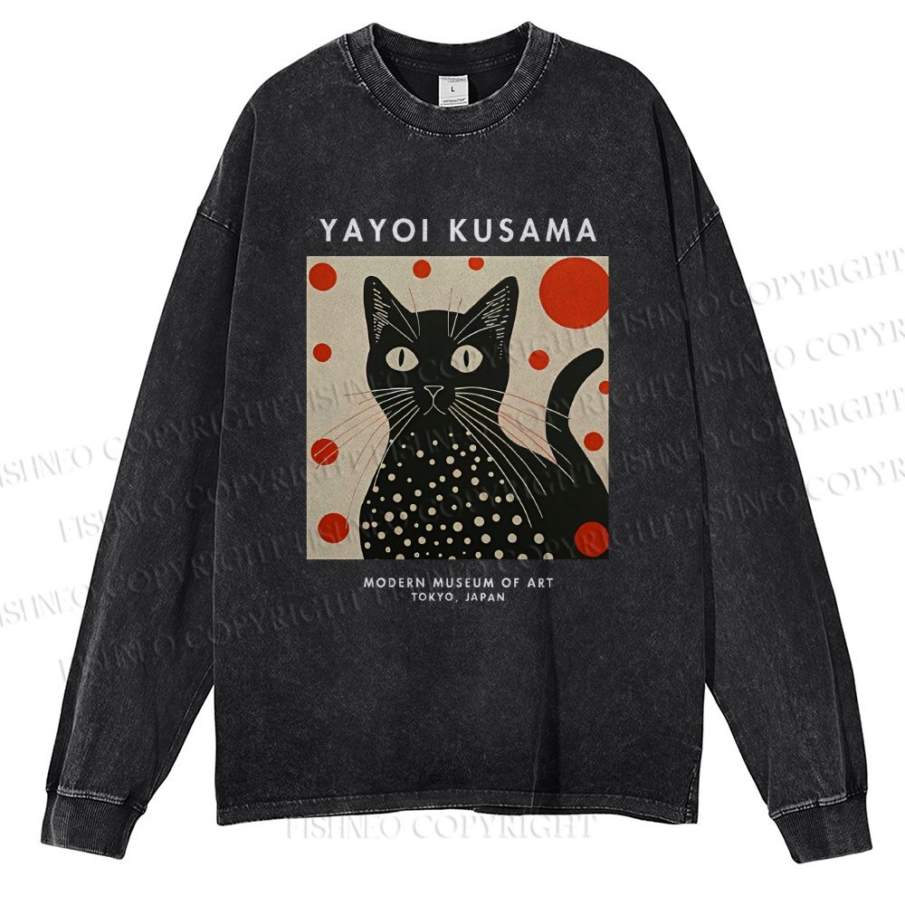Unisex Casual Washed Yayoi Kusama Cat Printed Long Sleeve T-shirt
