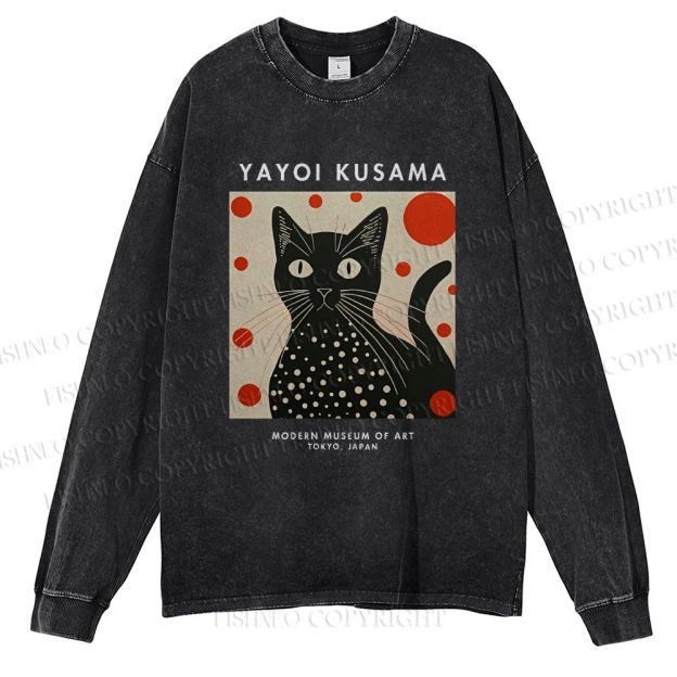 Unisex Casual Washed Yayoi Kusama Cat Printed Long Sleeve T-shirt