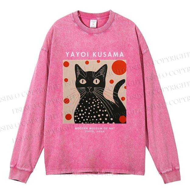 Unisex Casual Washed Yayoi Kusama Cat Printed Long Sleeve T-shirt