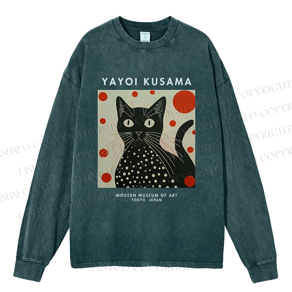 Unisex Casual Washed Yayoi Kusama Cat Printed Long Sleeve T-shirt