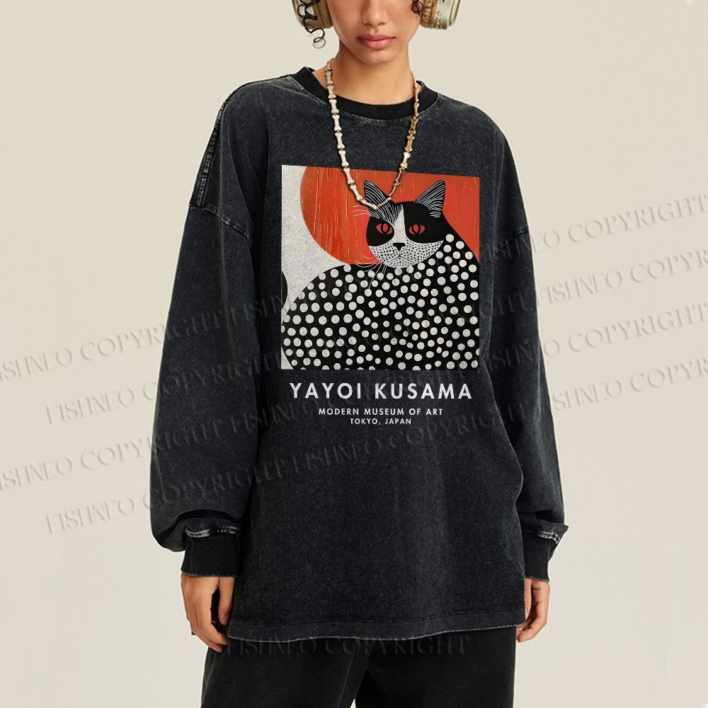 Unisex Casual Washed Yayoi Kusama Cat Printed Long Sleeve T-shirt