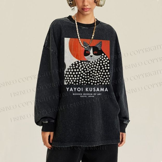 Unisex Casual Washed Yayoi Kusama Cat Printed Long Sleeve T-shirt