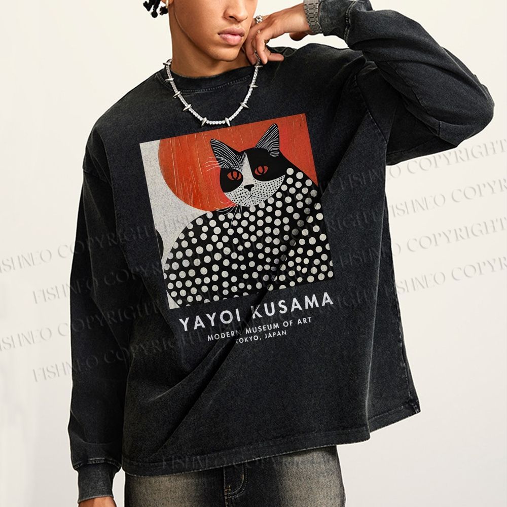 Unisex Casual Washed Yayoi Kusama Cat Printed Long Sleeve T-shirt