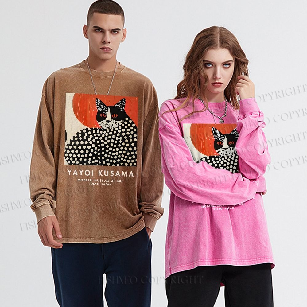 Unisex Casual Washed Yayoi Kusama Cat Printed Long Sleeve T-shirt