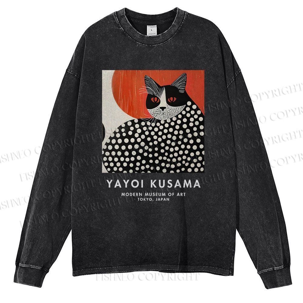 Unisex Casual Washed Yayoi Kusama Cat Printed Long Sleeve T-shirt