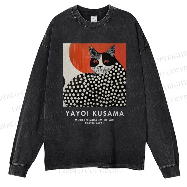 Unisex Casual Washed Yayoi Kusama Cat Printed Long Sleeve T-shirt