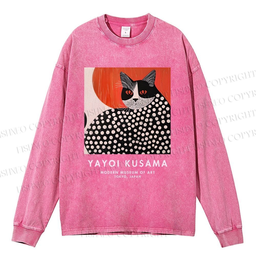 Unisex Casual Washed Yayoi Kusama Cat Printed Long Sleeve T-shirt