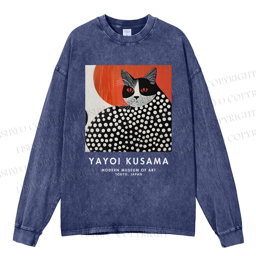 Unisex Casual Washed Yayoi Kusama Cat Printed Long Sleeve T-shirt