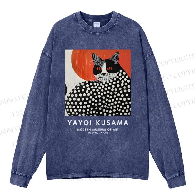 Unisex Casual Washed Yayoi Kusama Cat Printed Long Sleeve T-shirt
