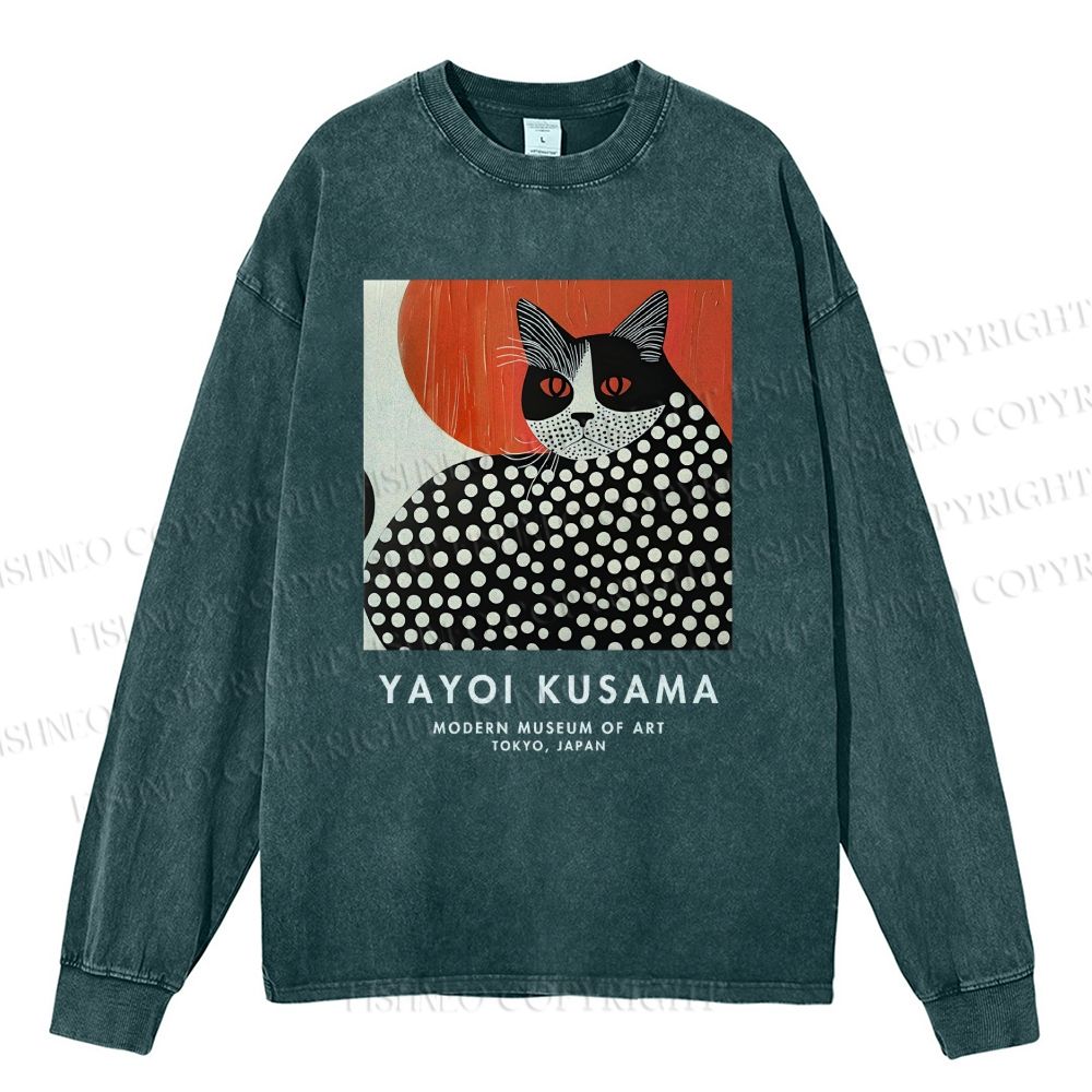 Unisex Casual Washed Yayoi Kusama Cat Printed Long Sleeve T-shirt