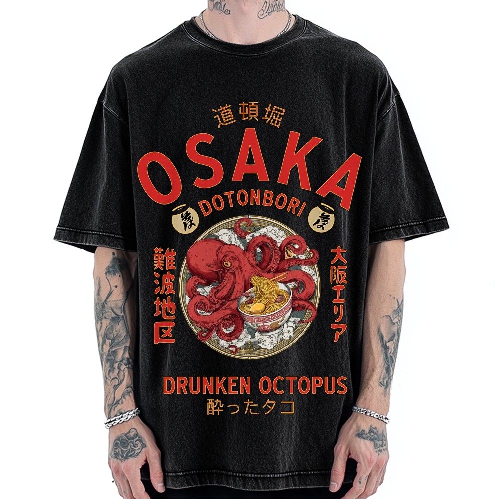 Osaka Drunken Octopus Eating Ramen Vintage Washed T-shirt