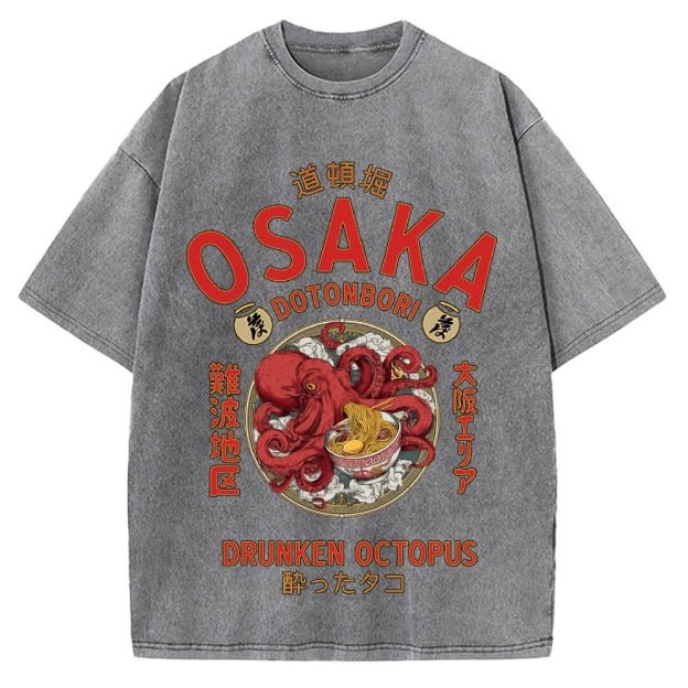Osaka Drunken Octopus Eating Ramen Vintage Washed T-shirt