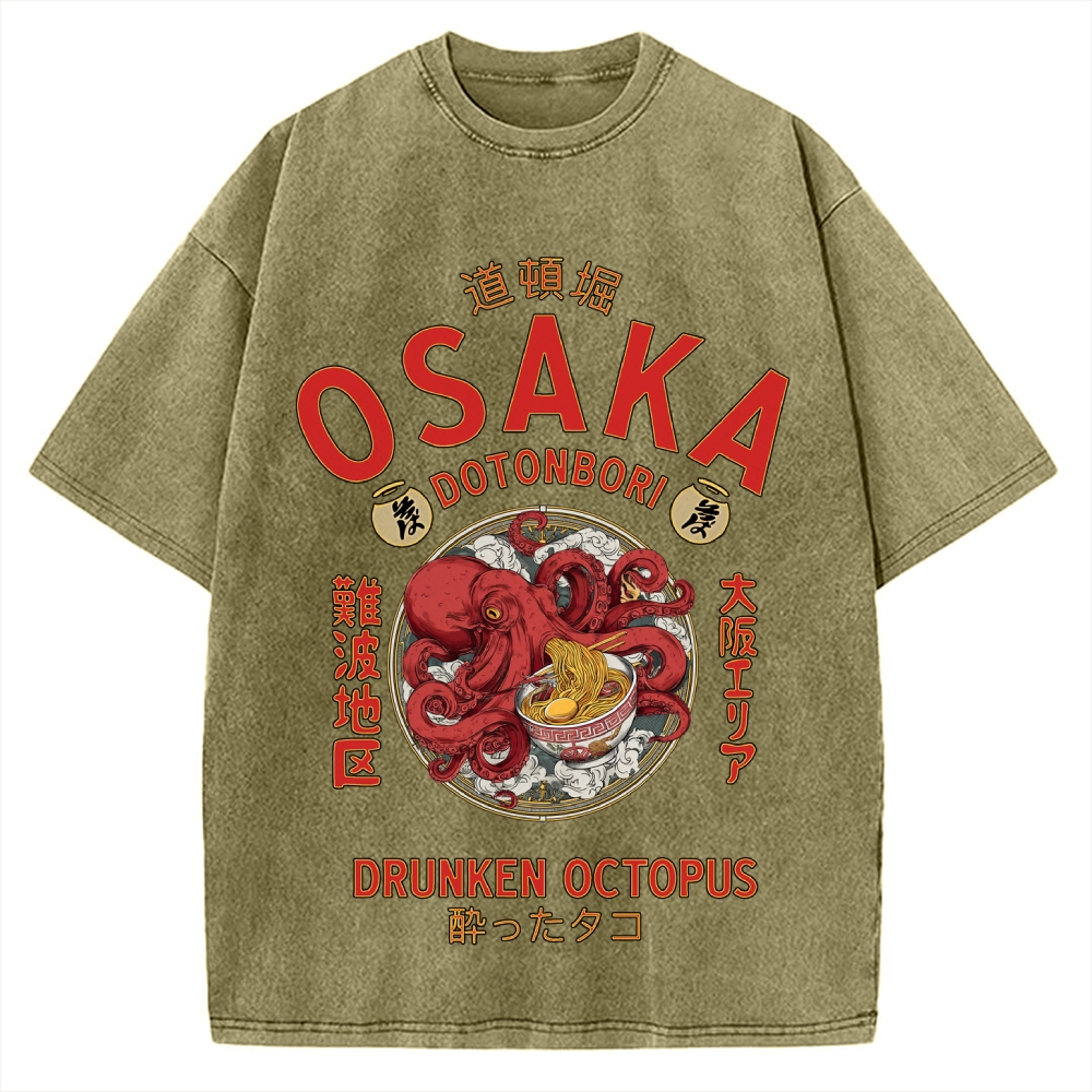 Osaka Drunken Octopus Eating Ramen Vintage Washed T-shirt