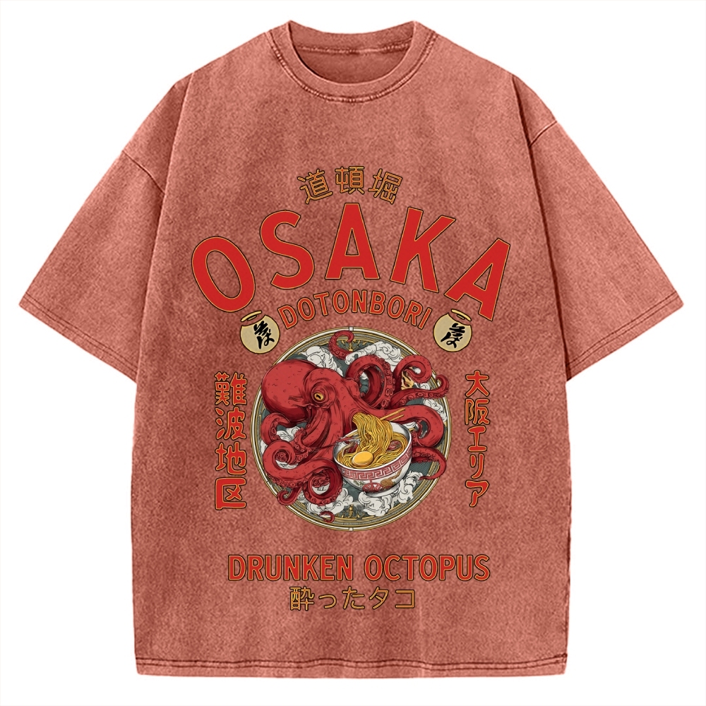 Osaka Drunken Octopus Eating Ramen Vintage Washed T-shirt