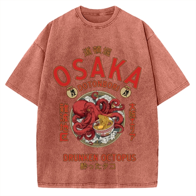 Osaka Drunken Octopus Eating Ramen Vintage Washed T-shirt